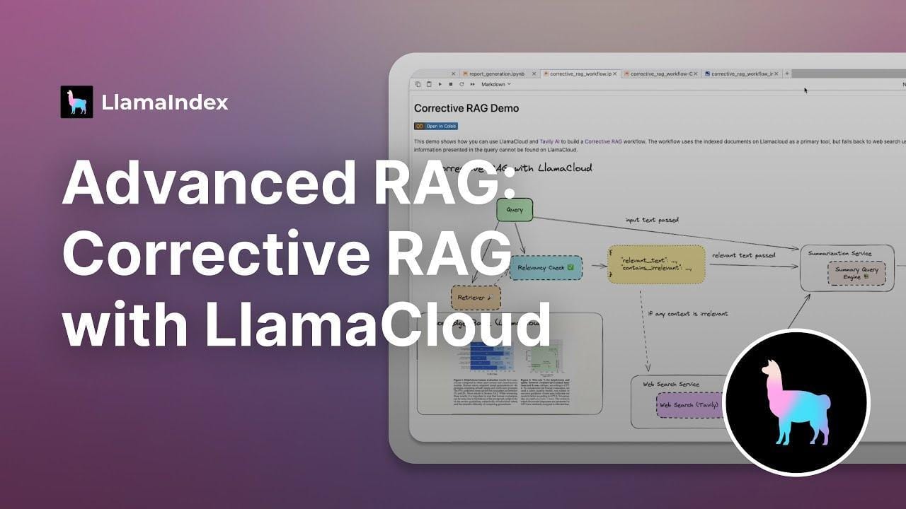 The image features a digital interface with a gradient background transitioning from purple to pink. On the left side, there is a logo of a llama in a square, followed by the text 'LlamaIndex'. Below this, in large white letters, the text reads 'Advanced RAG: Corrective RAG with LlamaCloud'. On the right side, there is a screenshot of a web page titled 'Corrective RAG Demo'. The page includes a flowchart with elements labeled 'Query', 'Relevancy Check', 'Retriever', 'Summarization Service', and 'Web Search Service'. The flowchart illustrates a process involving these components.